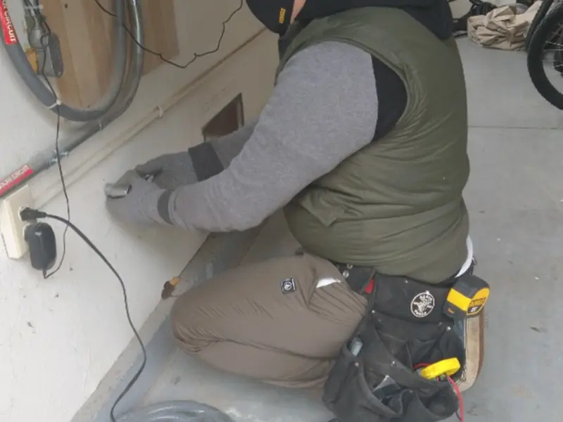 Electrician performing outlet wiring in a Paulsboro garage